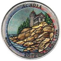 (013p) Монета США 2012 год 25 центов "Акадия"  Вариант №2 Медь-Никель  COLOR. Цветная